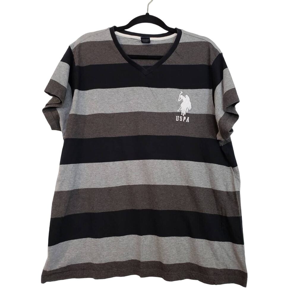 US Polo ASSN T Shirt Mens XL V-Neck Black Gray Striped Style 14164ZN 100% Cotton